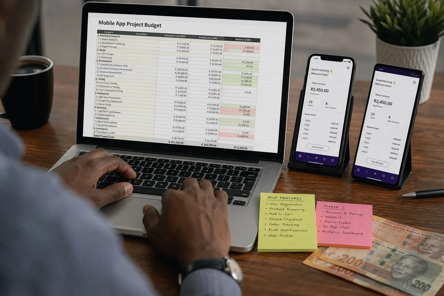 Hands reviewing a React Native app budget spreadsheet beside two smartphones showing the same cross-platform screens
