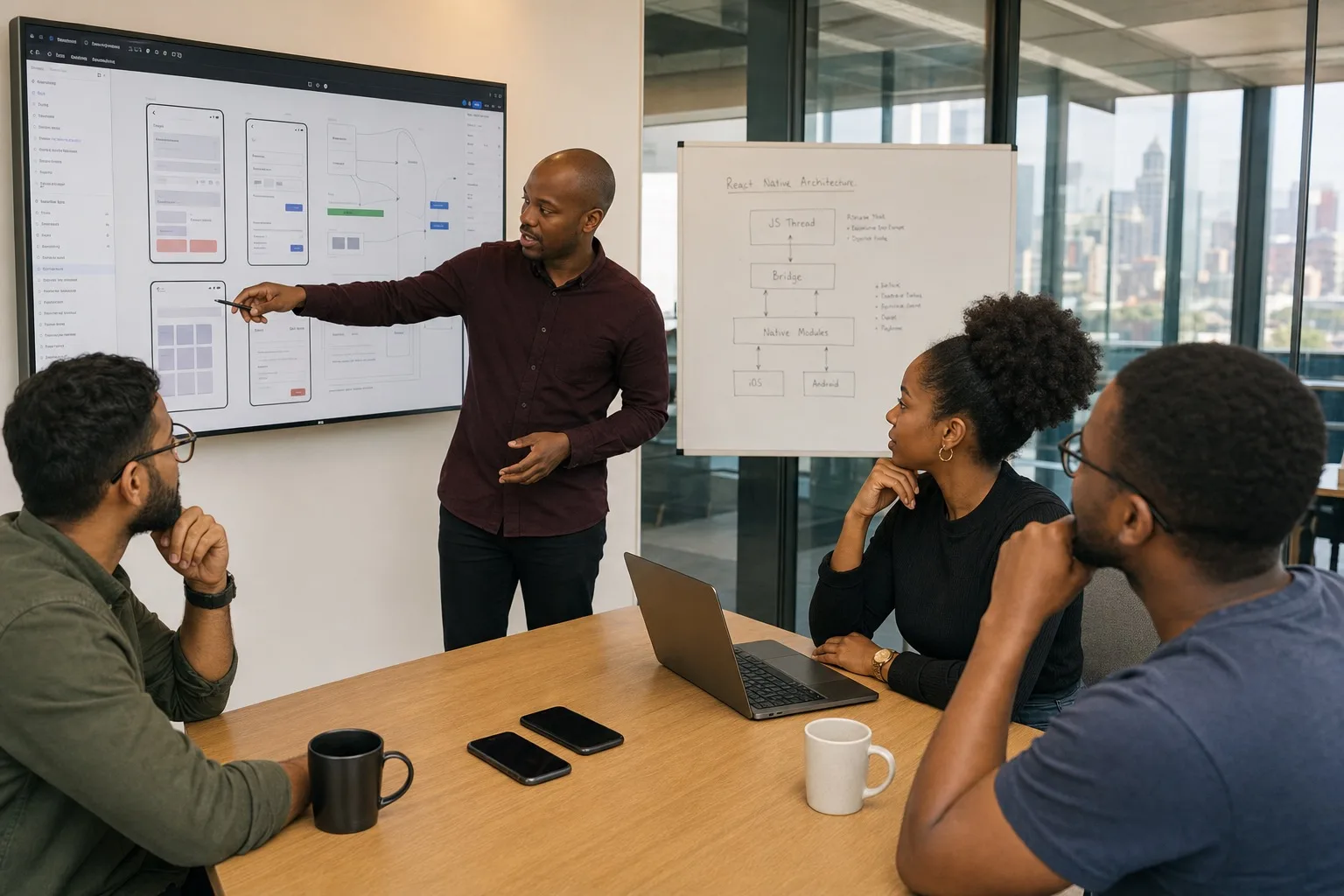 South African mobile product team reviewing React Native app wireframes in a Johannesburg office