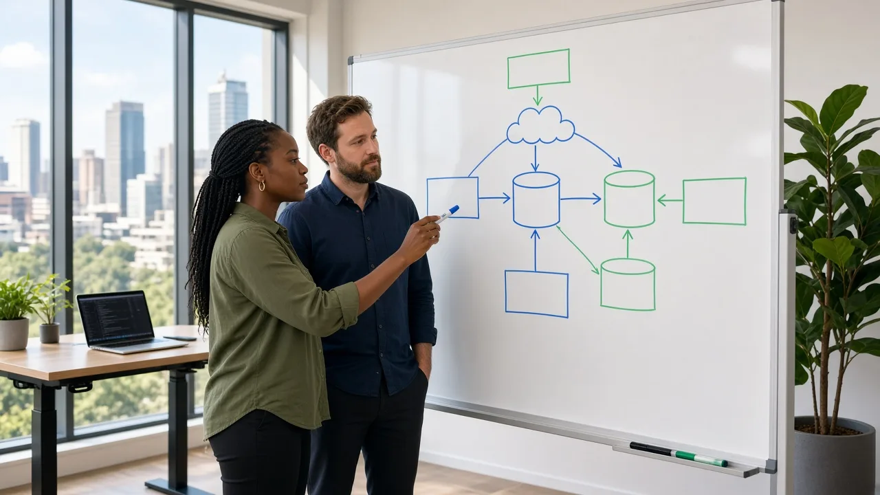Two engineers sketching a simple system architecture of boxes, databases, and a cloud on a whiteboard in a bright Johannesburg office
