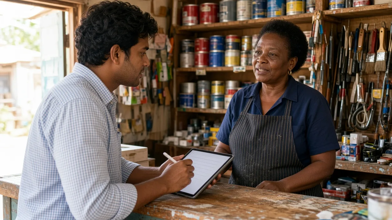 Founder taking notes on a tablet while interviewing the owner of a small Soweto hardware store at her counter