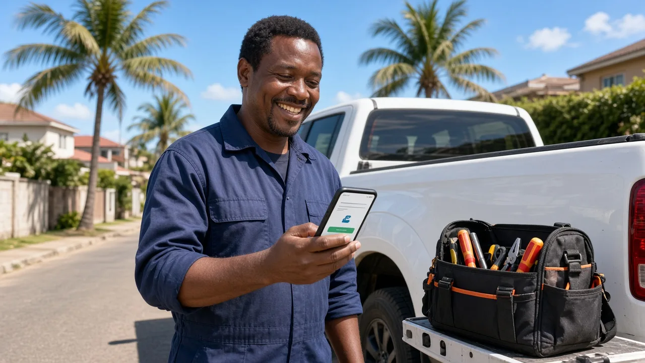 Electrician beside his bakkie on a sunny Durban street sending an invoice from a simple app on his phone