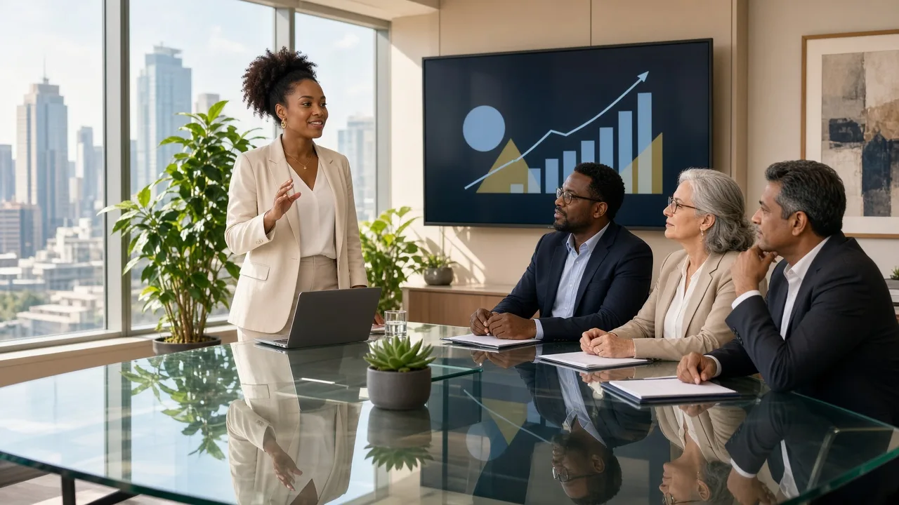 Founder presenting a growth chart to three investors in a sunlit Sandton boardroom