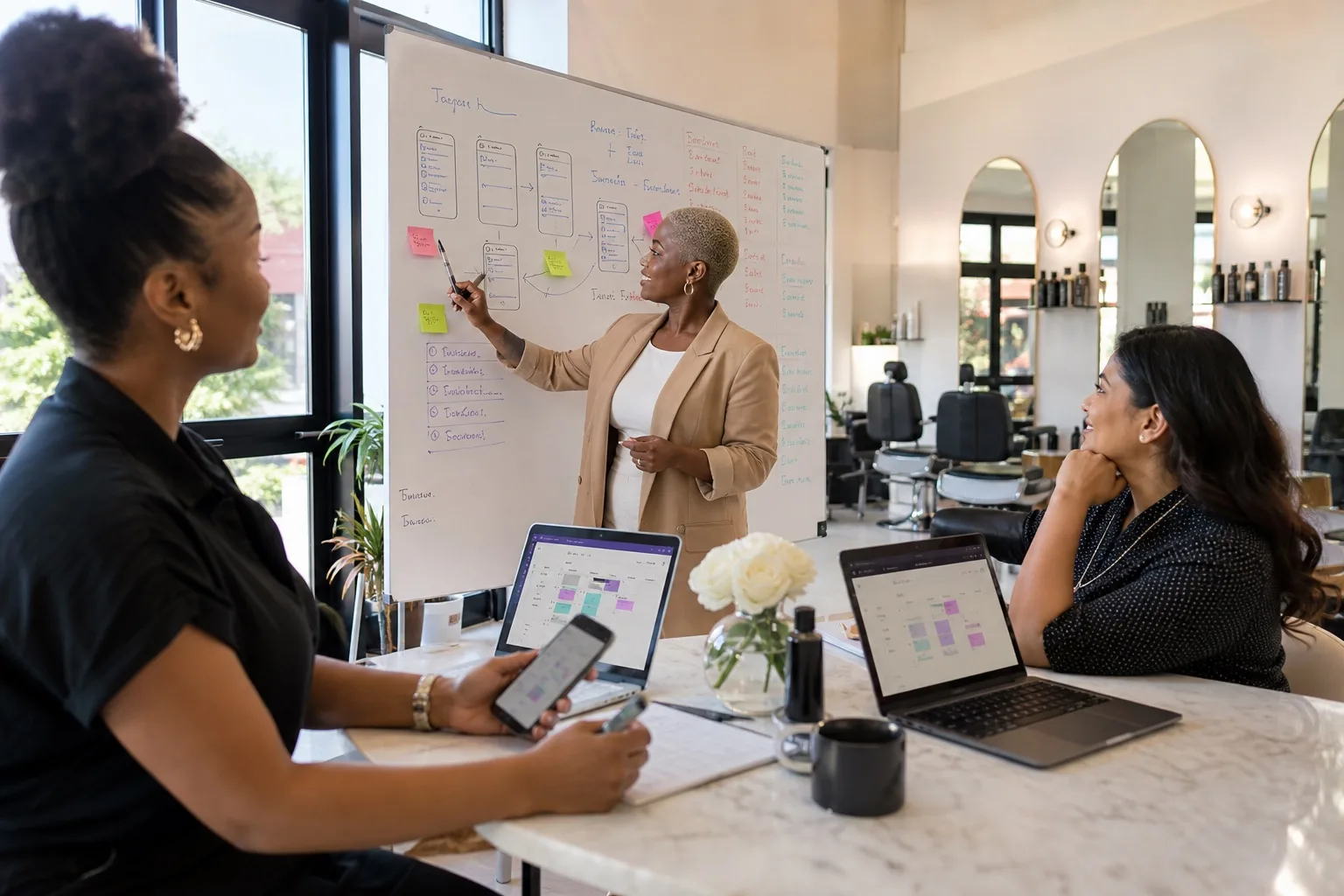 Salon managers discussing booking app scope and pricing on a whiteboard in a sunny Johannesburg beauty studio