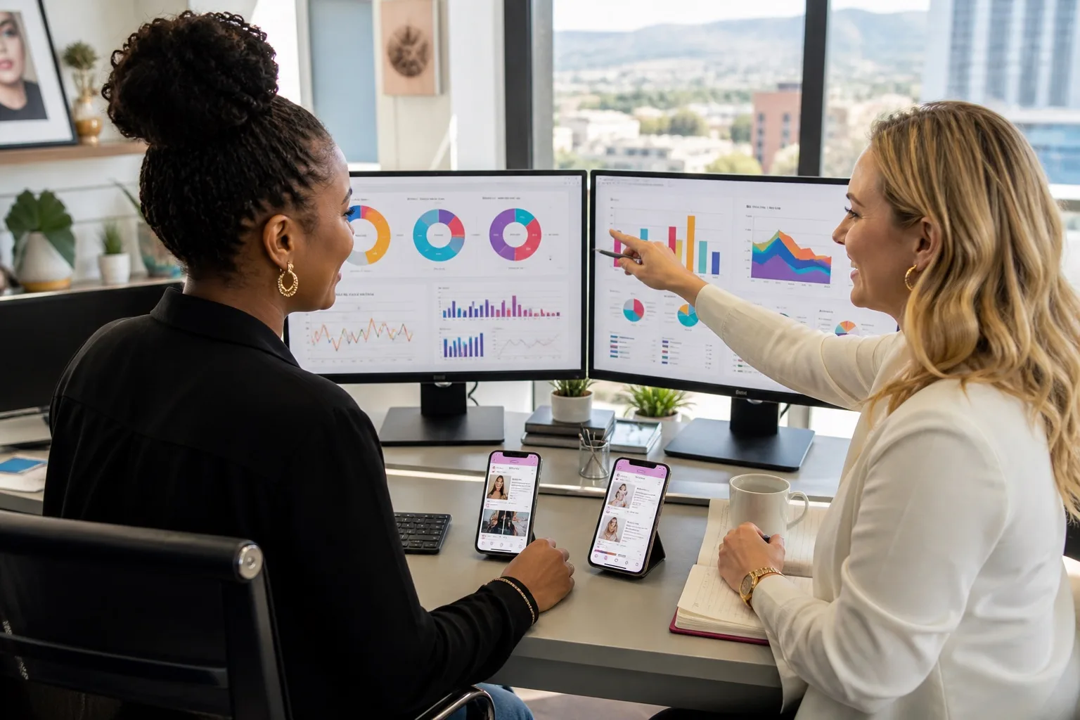 Beauty franchise leads reviewing multi-branch booking analytics on dual monitors in a Pretoria office