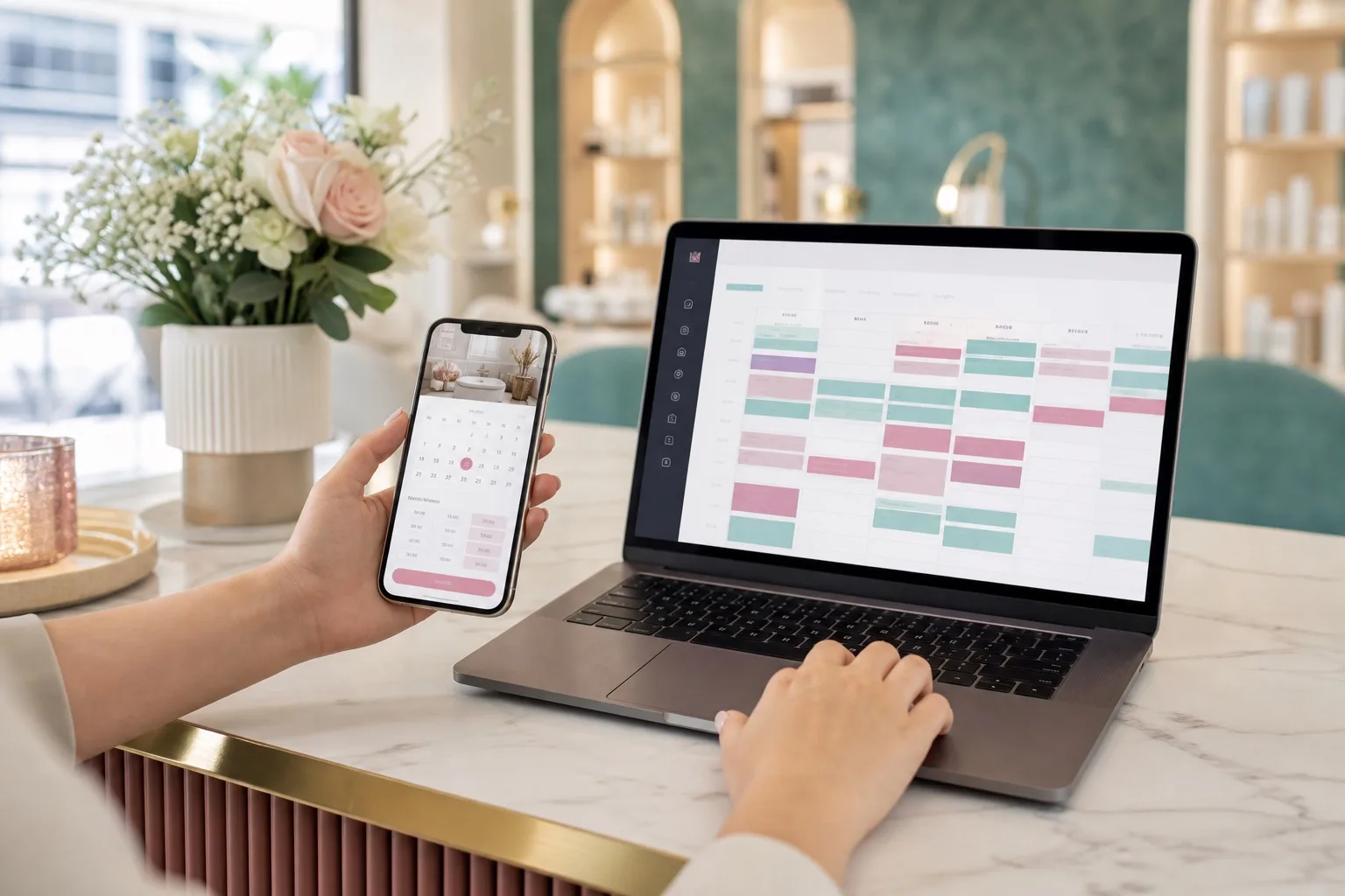 Smartphone showing a salon appointment booking calendar beside a staff scheduling dashboard on a laptop in a Sandton spa reception