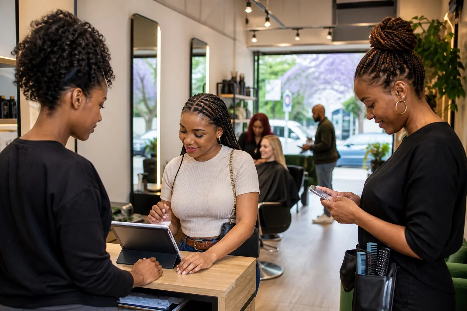 Busy Rosebank salon reception with clients checking in on a booking tablet while a stylist reviews the day's schedule