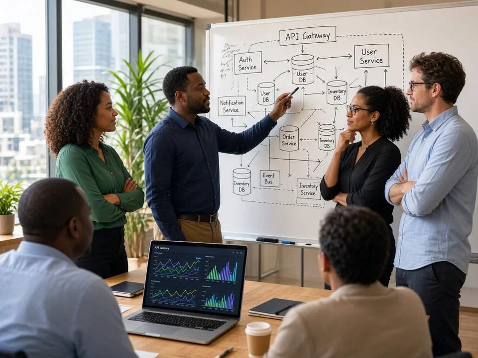 South African engineering team mapping microservices and API architecture on a whiteboard in a bright Sandton studio