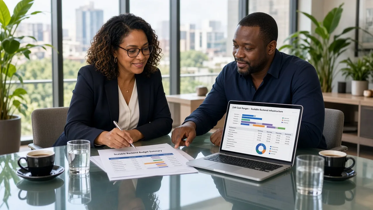 CTO and backend consultant reviewing scalable mobile app backend costs in South African Rand