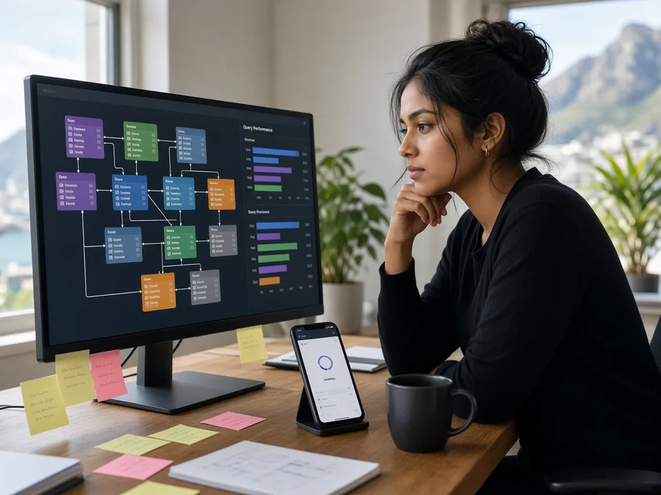 Developer reviewing database schema diagrams and query performance beside a smartphone mobile app