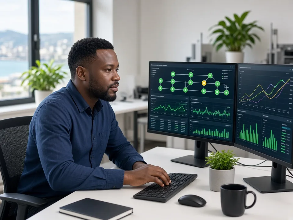 DevOps engineer monitoring load balancer health and autoscaling charts on dual screens in a bright Durban lab