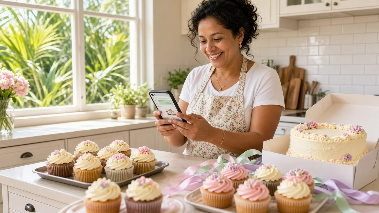 Home baker in a sunny Durban kitchen replying to a customer chat on her phone beside trays of cupcakes and a boxed cake