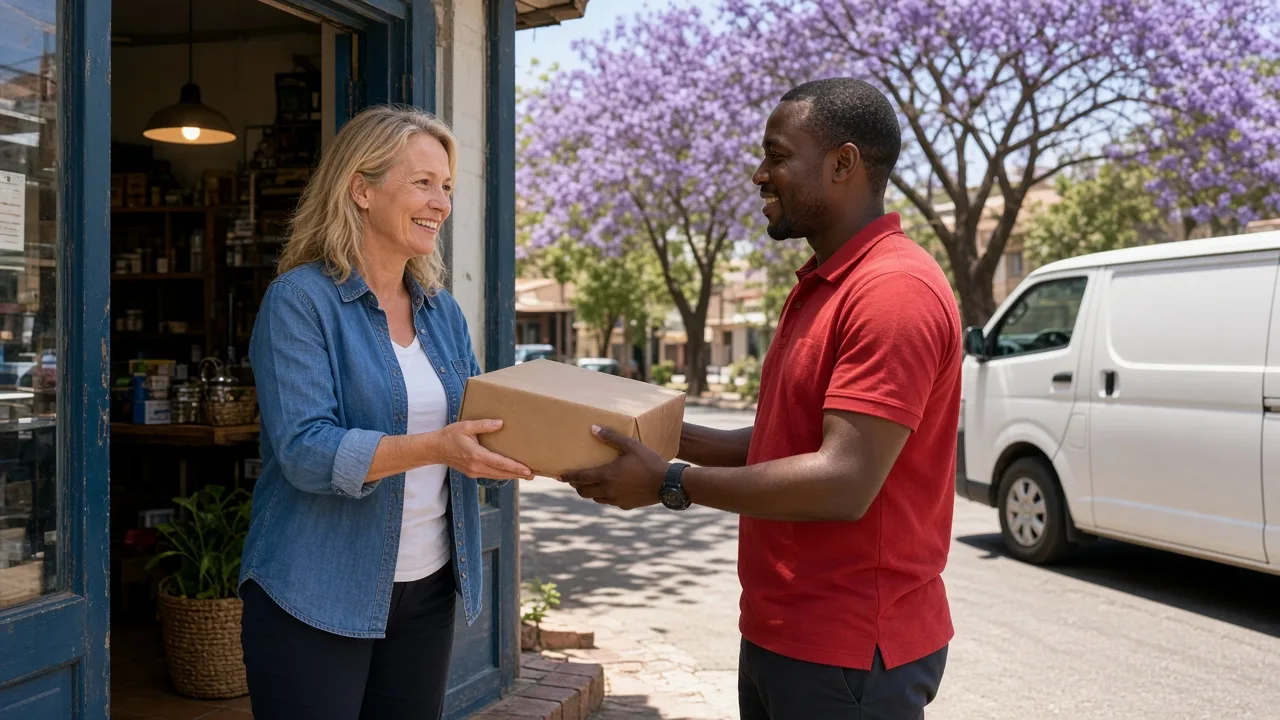 Small shop owner handing a parcel to a smiling courier on a sunny Pretoria street lined with jacaranda trees