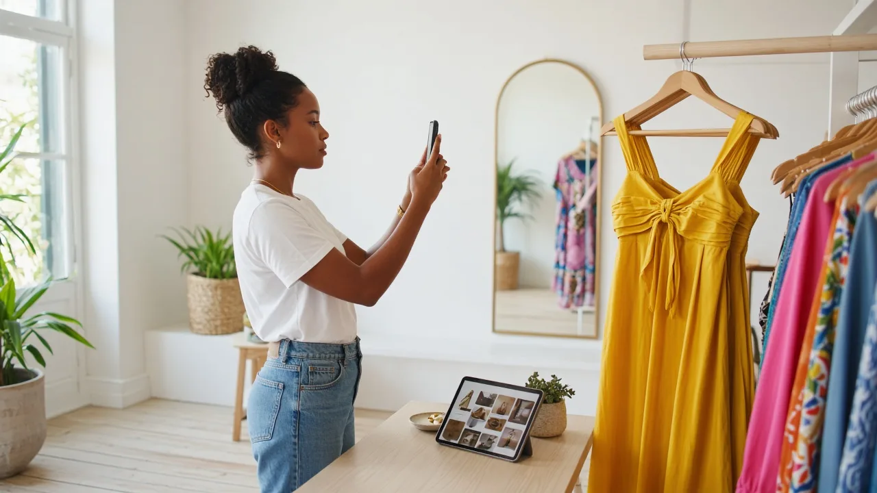 Fashion reseller in a bright Cape Town studio photographing a mustard-yellow dress on a rail with her phone