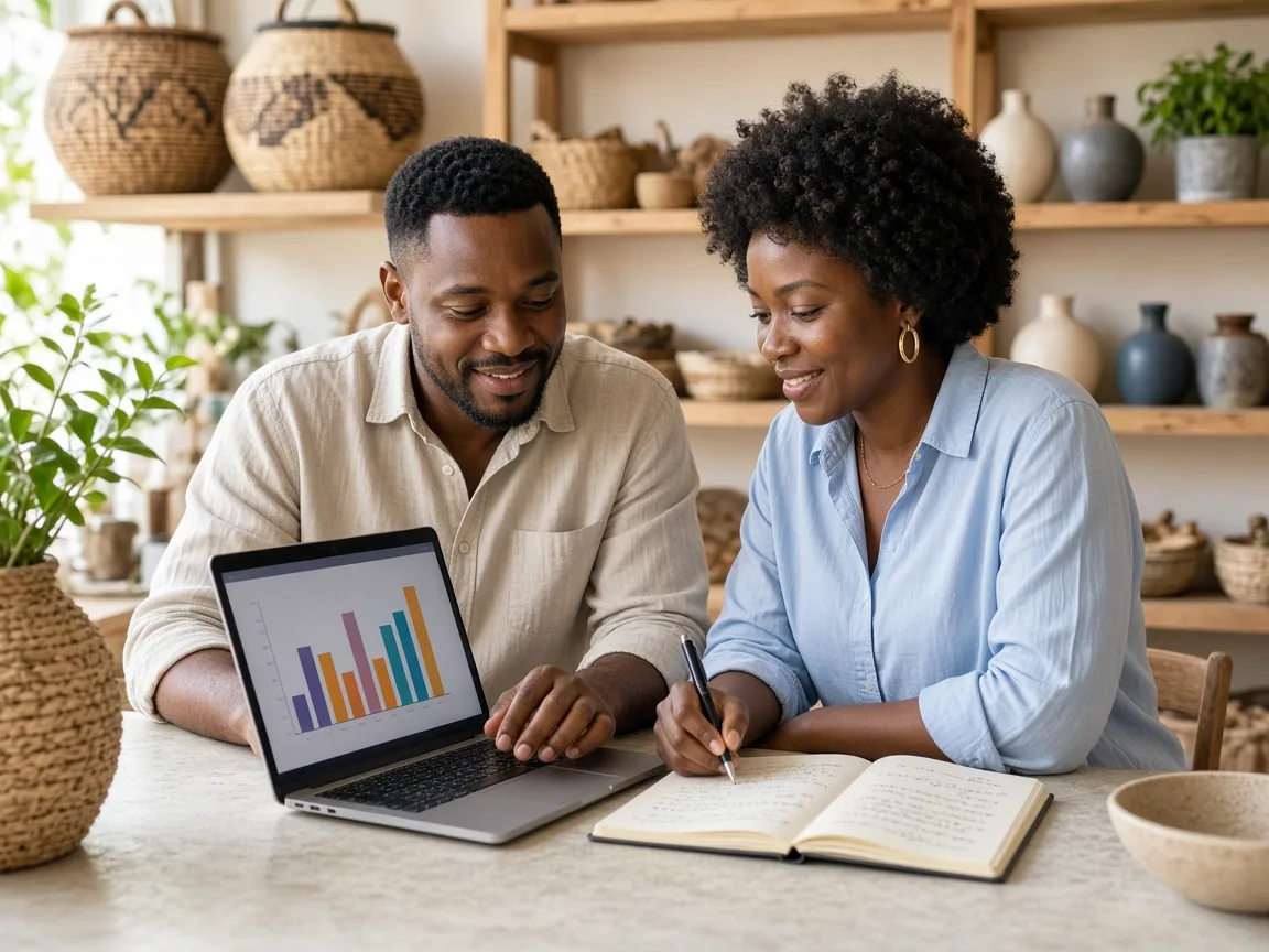 Shop owners reviewing weekly sales charts on a laptop and notes in a bright craft and decor store