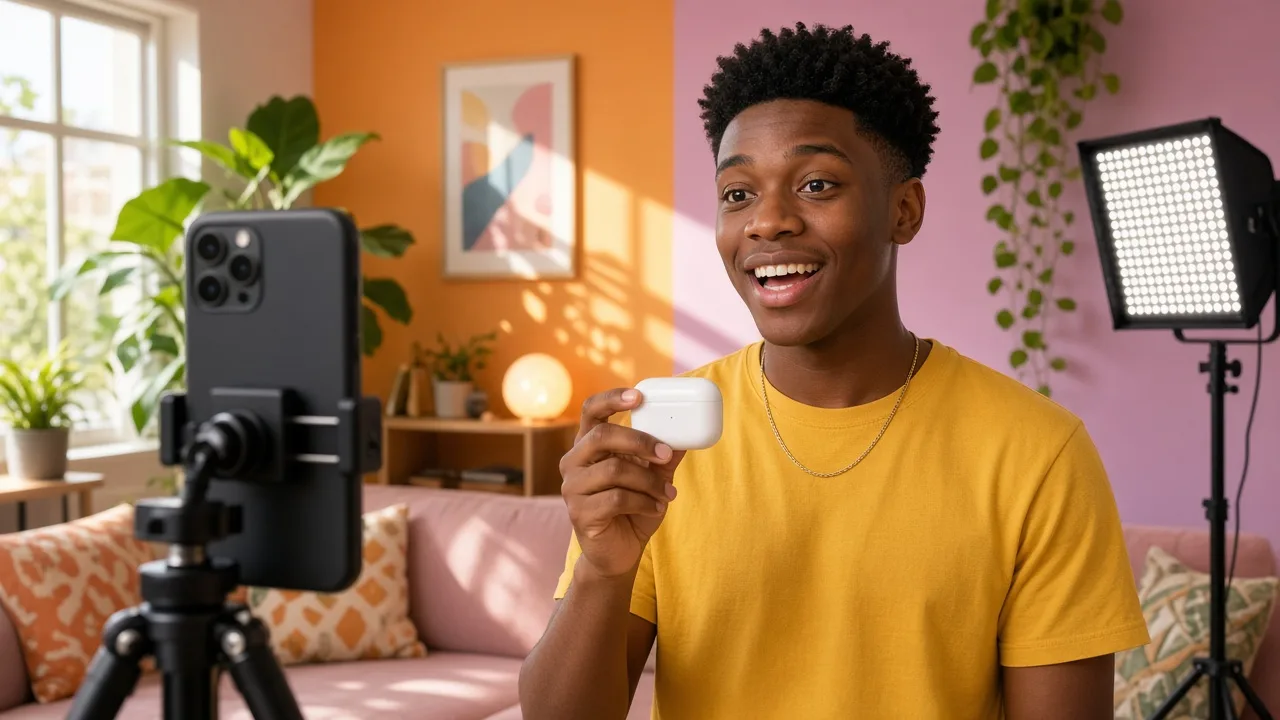 Young seller in a colourful Johannesburg apartment filming a short product demo of an earbud case on a phone tripod