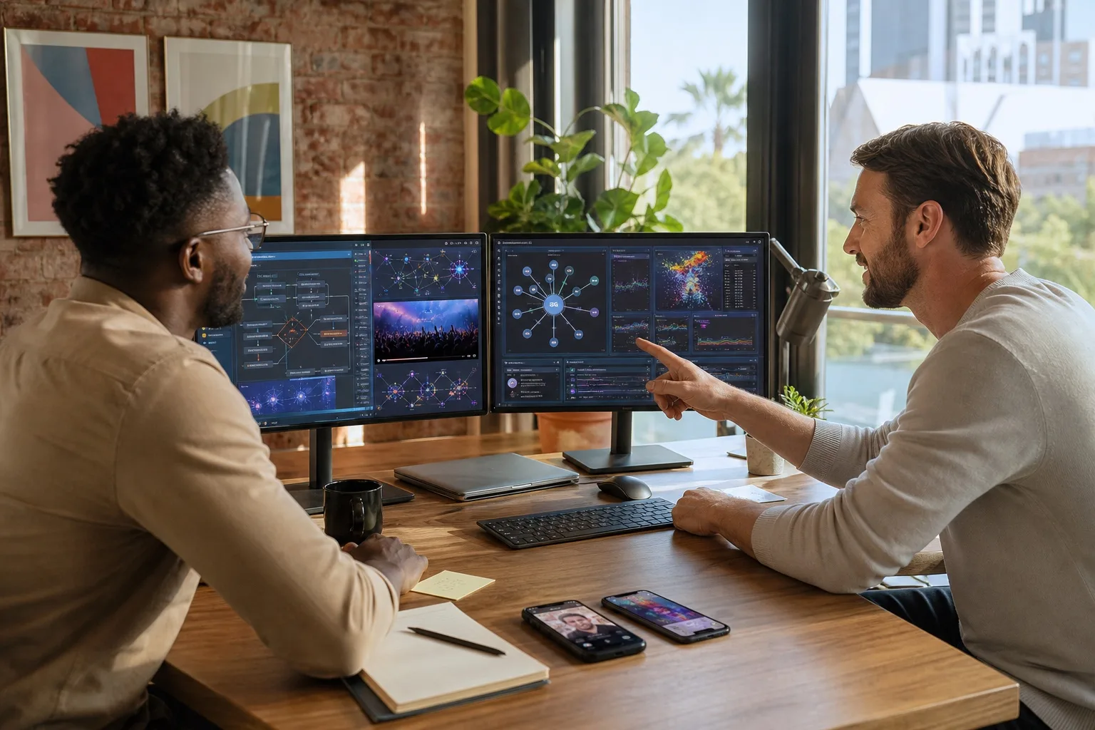 Engineers reviewing live streaming and AI recommendation architecture on dual monitors in a Pretoria loft