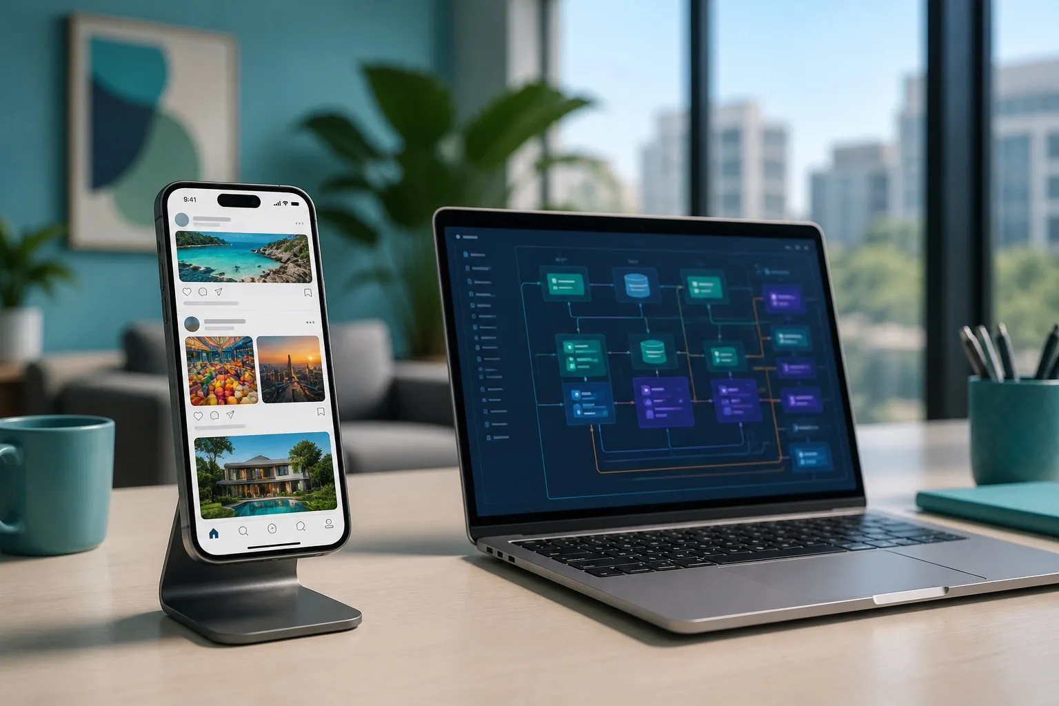 Smartphone showing a colorful social feed beside a laptop with backend architecture diagrams in a Sandton product studio