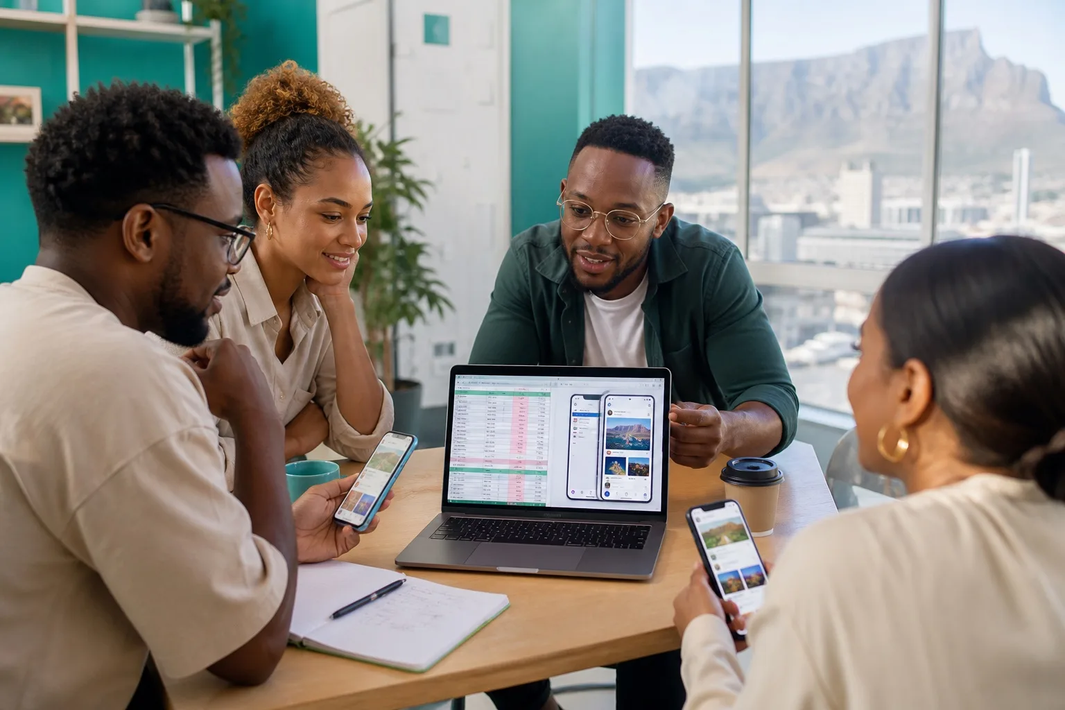 South African product team reviewing a social media app budget and feed mockups on a laptop in a bright Cape Town studio