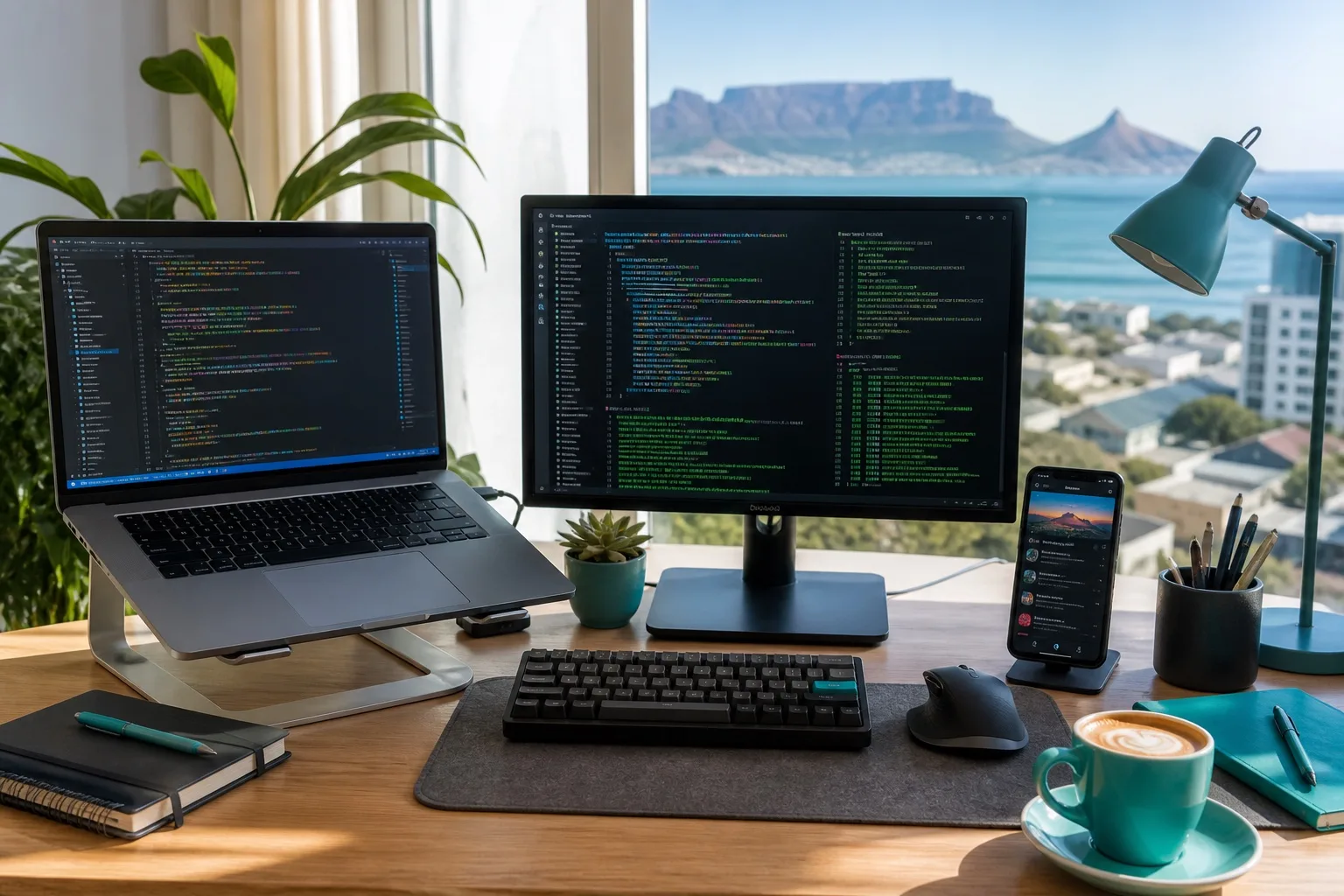 Developer workstation with Flutter and Node.js code on dual screens and a phone previewing a social network feed