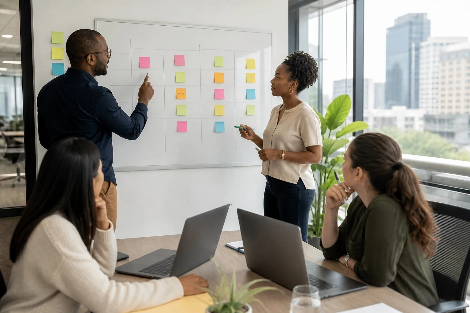 Product and QA leads discussing a release checklist on a whiteboard in a sunny Johannesburg office