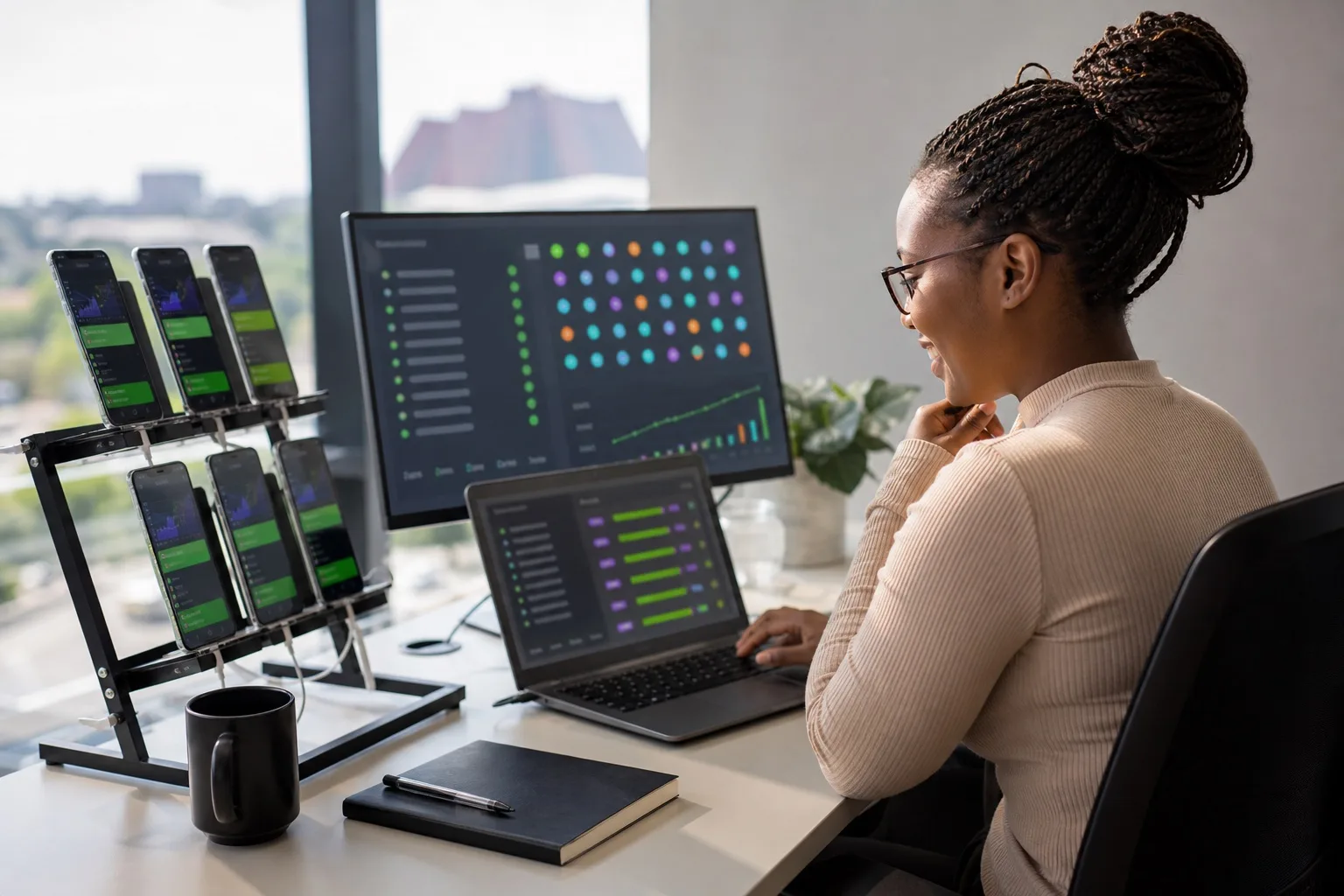 QA engineer running automated regression tests on multiple devices in a Pretoria software studio