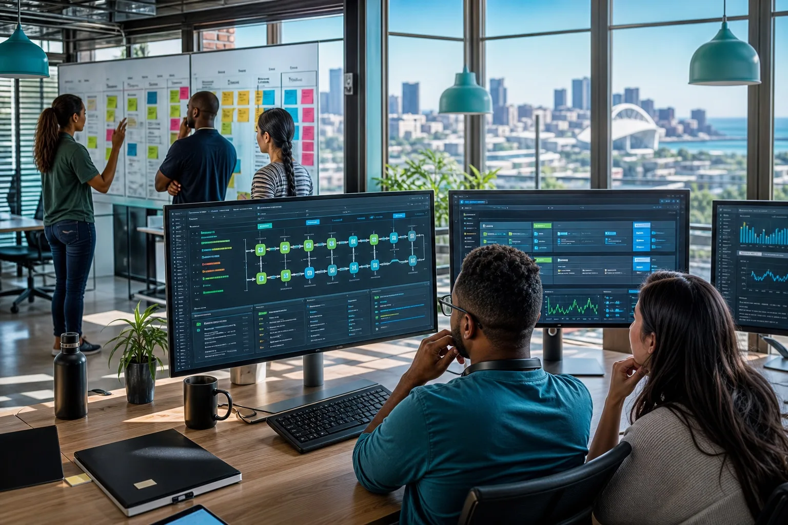 Agile board and CI pipeline screens showing test stages from planning to release monitoring in a Durban engineering loft