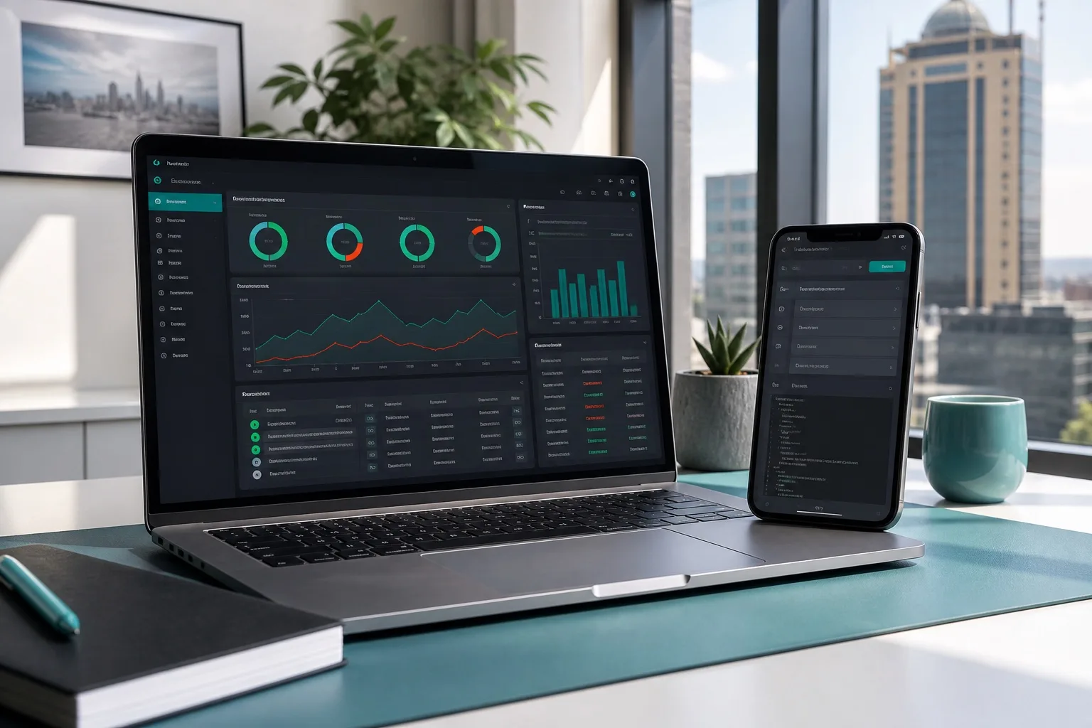 Laptop and phone showing automated test dashboards and API request panels in a Sandton QA workspace