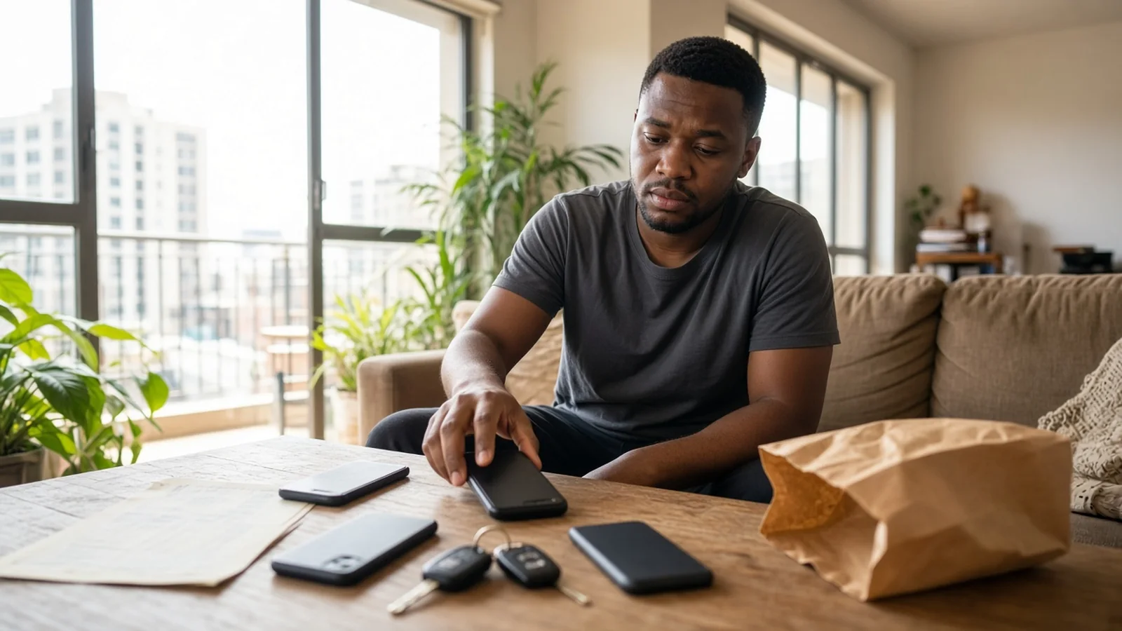 Johannesburg resident at a sunny apartment table with several phones, a takeaway bag, a bill and car keys, reaching for one phone