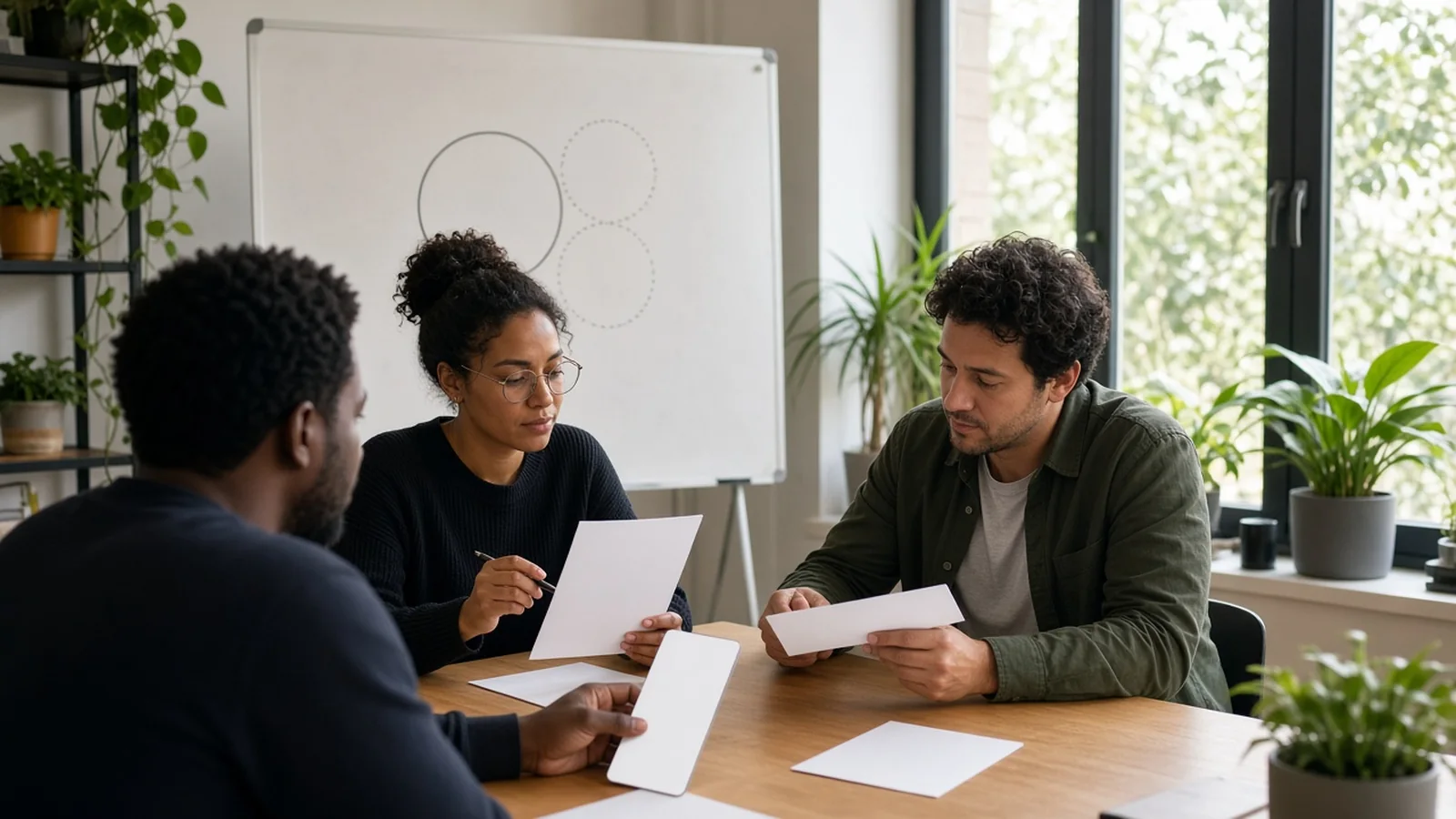 South African product team reviewing blank phone sketches beside a whiteboard with one solid circle and two dotted circles