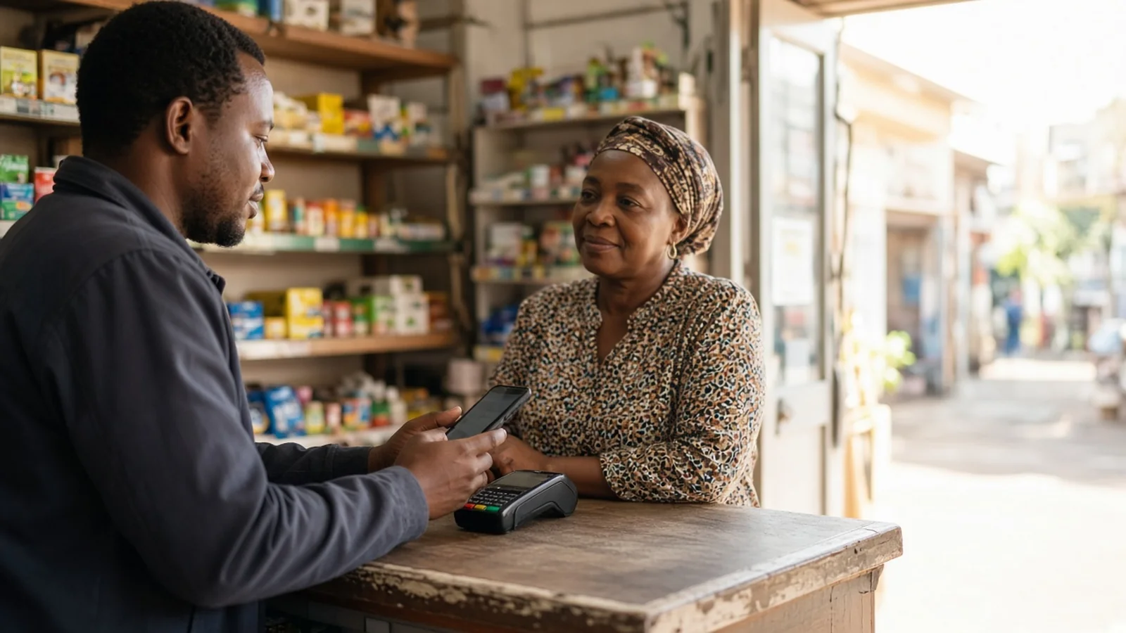 Customer paying with a phone at the counter of a bright Durban convenience shop while the owner watches