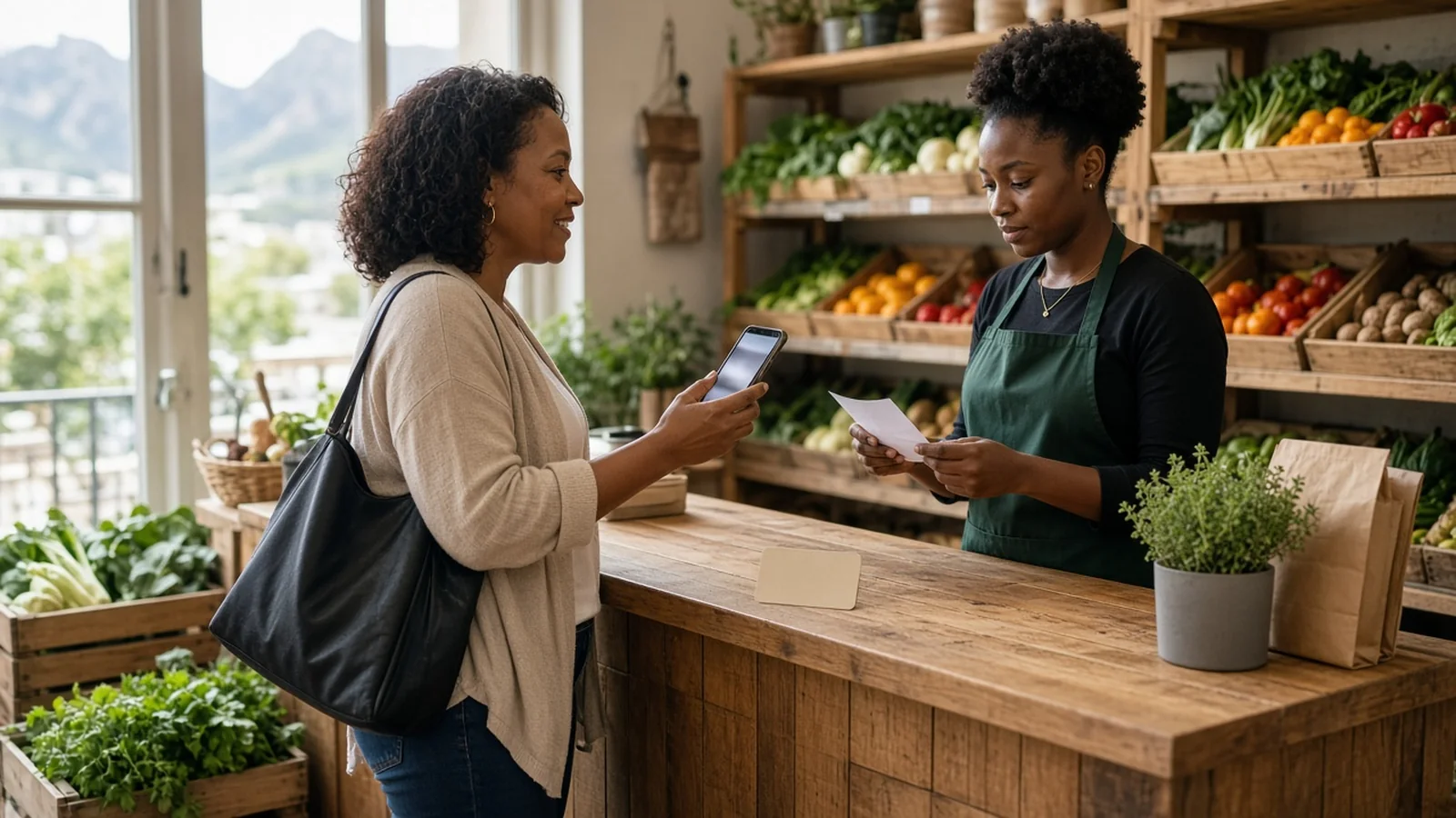 Cape Town grocery customer showing a phone while a staff member checks an online order slip among fresh produce