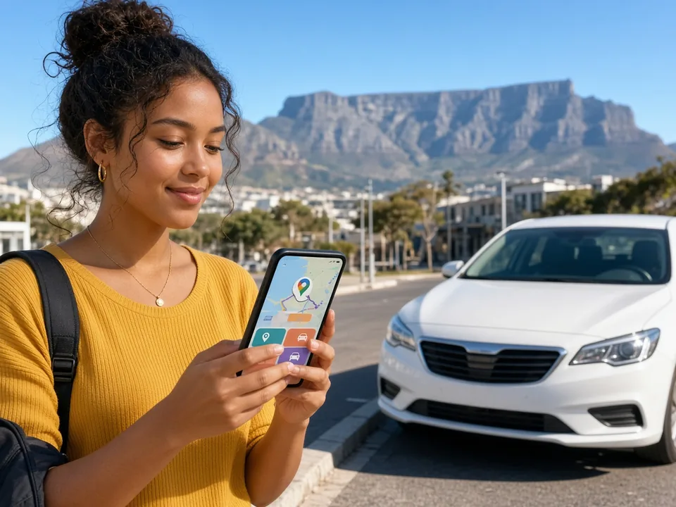 Passenger booking a taxi on a smartphone beside a waiting sedan on a bright Cape Town street