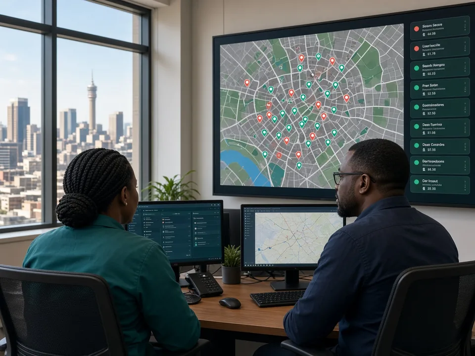 Dispatchers reviewing live taxi positions on a wall map in a bright Johannesburg operations room