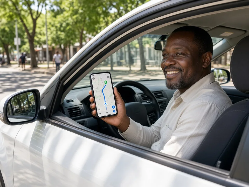 Taxi driver checking live GPS navigation on a smartphone inside a sedan on a sunny Pretoria street