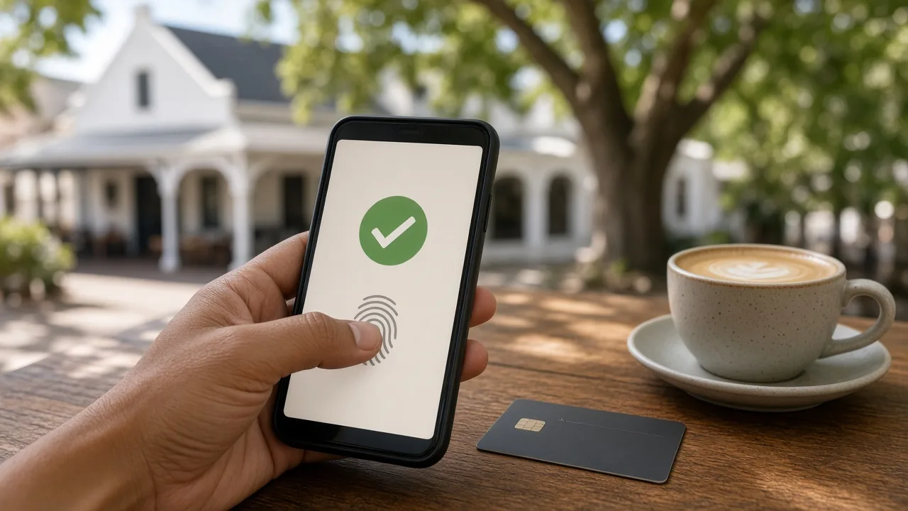 Hand approving a payment with a fingerprint on a phone at a sunny Stellenbosch cafe table
