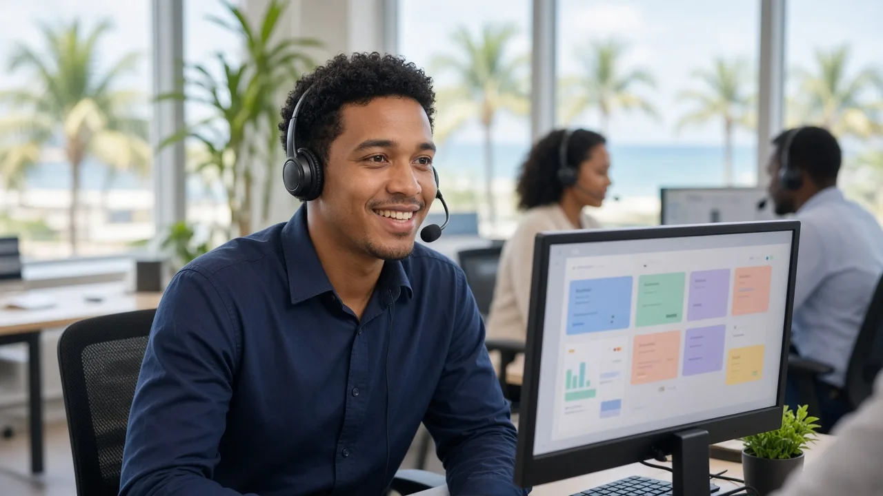 Smiling contact centre agent with a headset helping a customer in a bright Durban office with palm trees outside