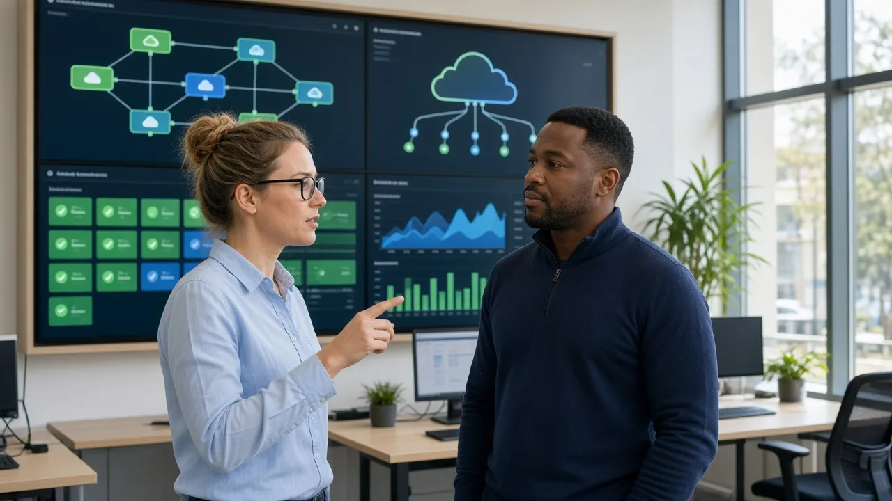 Two cloud engineers in a bright Centurion operations room reviewing a wall of cloud infrastructure dashboards