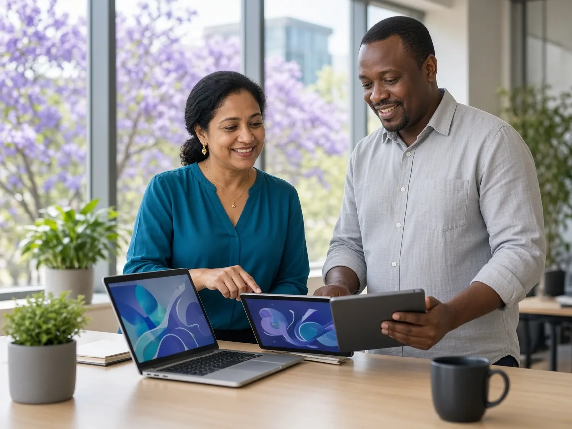 Retail business owner and technology partner reviewing app screens on a laptop and tablet in a bright Pretoria office