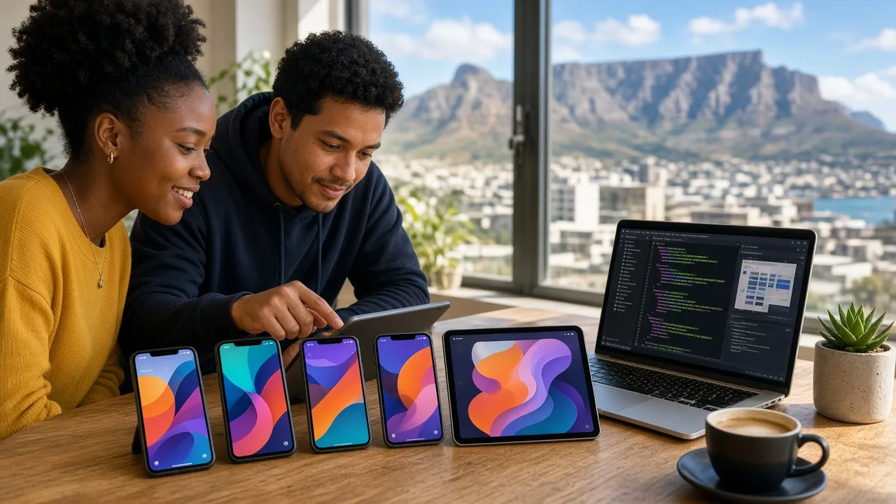 Developer and designer in a sunny Cape Town studio testing one app across four phones and a tablet, Table Mountain behind
