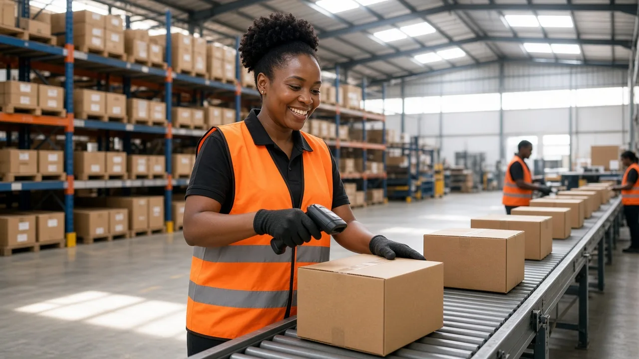Fulfilment centre worker in an orange safety vest scanning a parcel beside a conveyor in a bright warehouse