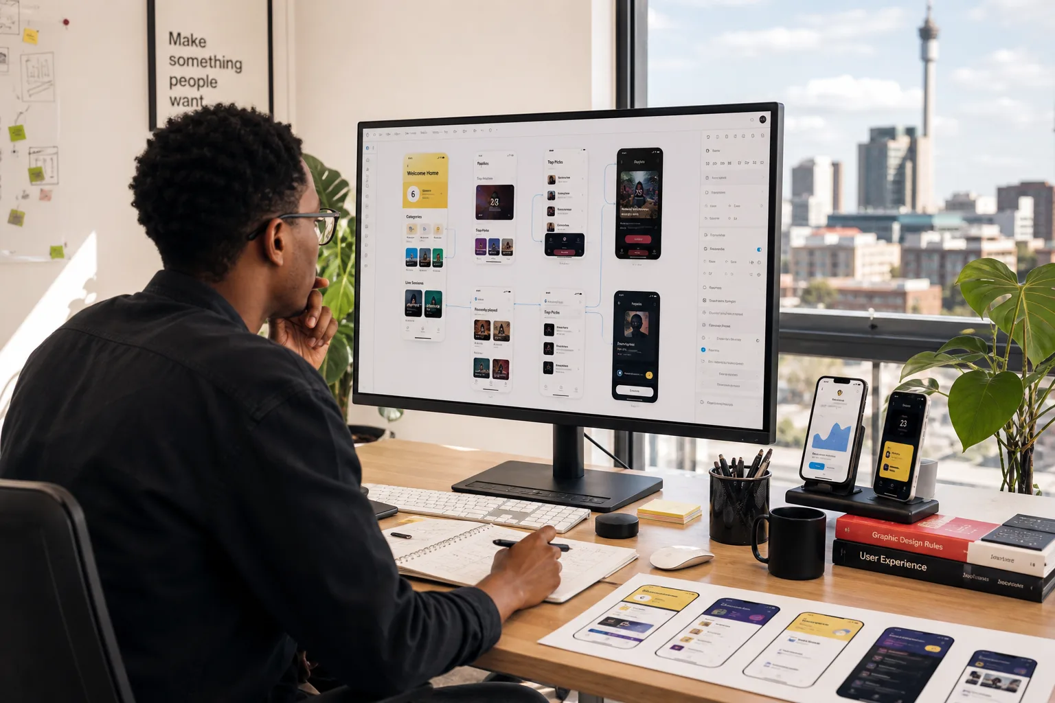 Product designer refining mobile app screens and gestures on a large monitor in Johannesburg