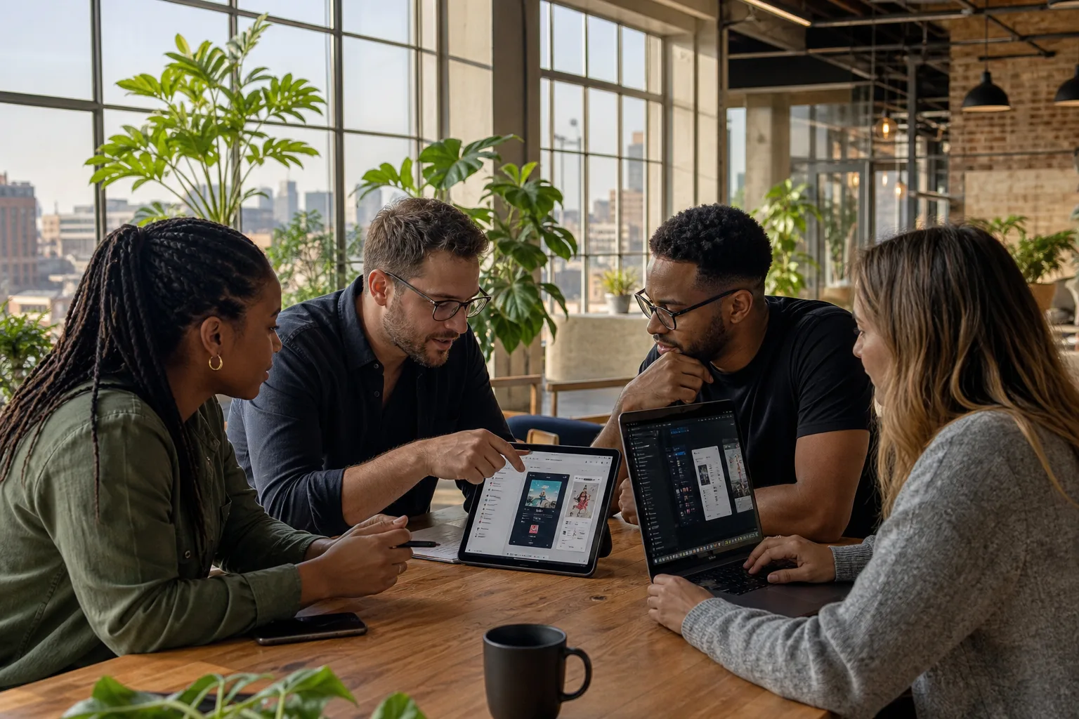 Designers and developers reviewing a clickable prototype handoff in a sunny Pretoria loft