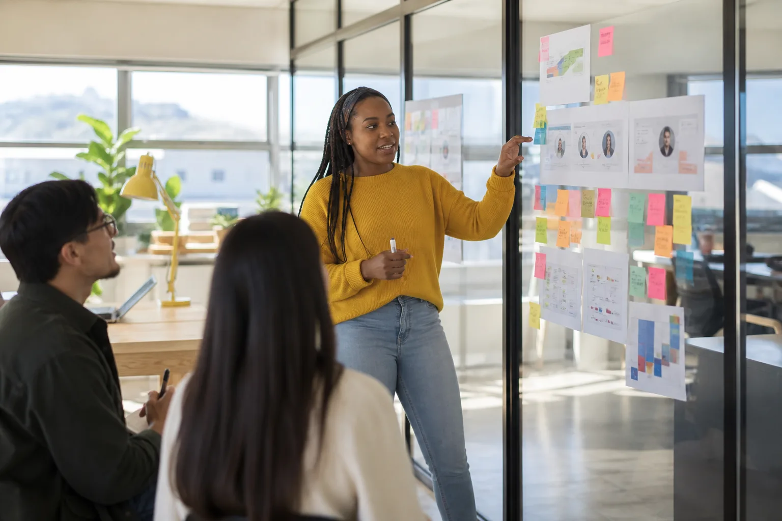 UX researcher conducting a usability test with sticky notes and journey maps on a bright wall