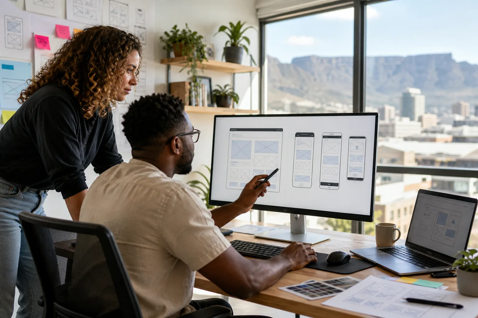UI/UX designers collaborating around Figma wireframes in a bright Cape Town studio