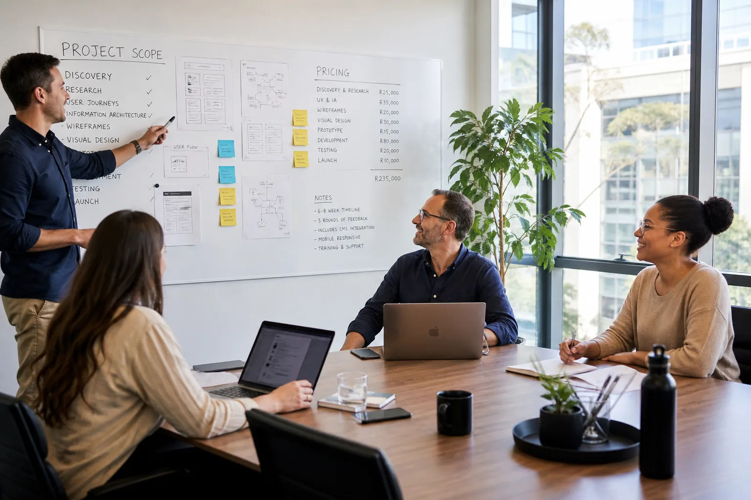 Sandton design leads reviewing a product pricing and scope board in a bright meeting room