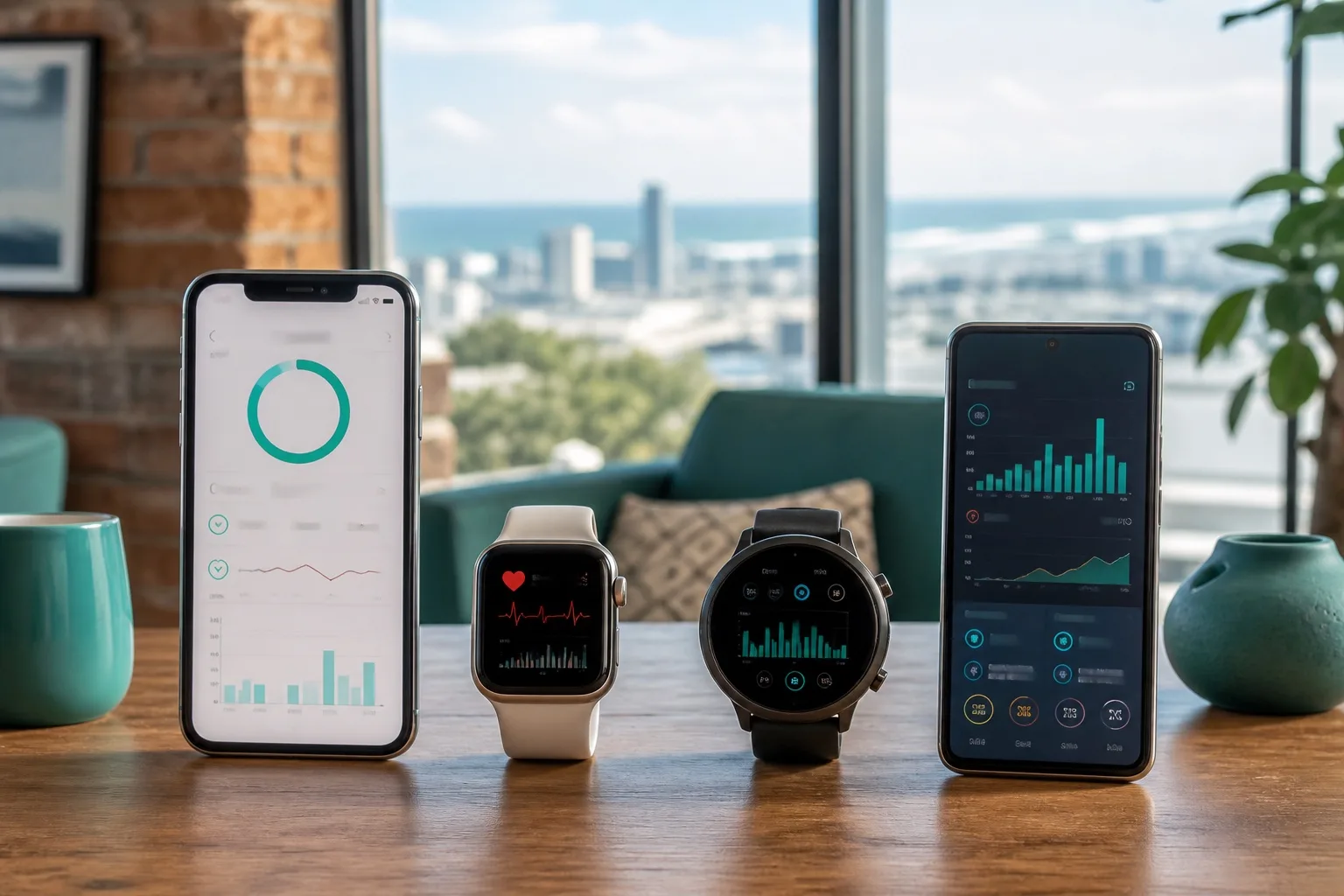 Apple Watch and Wear OS smartwatch side by side with companion phones showing health data sync in a Durban product loft