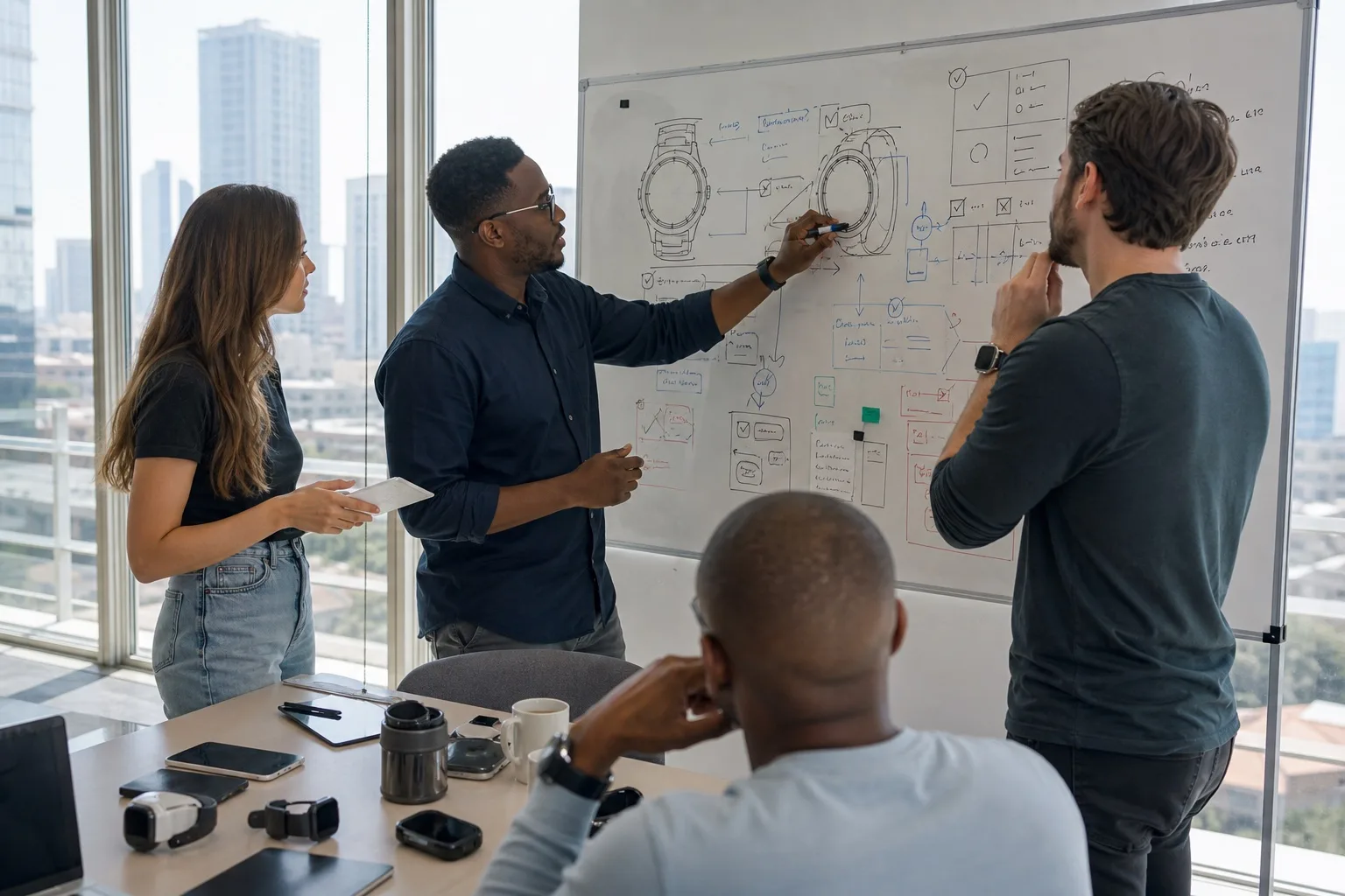 Founders discussing Apple Watch and Wear OS scope on a whiteboard in a sunny Johannesburg Sandton office
