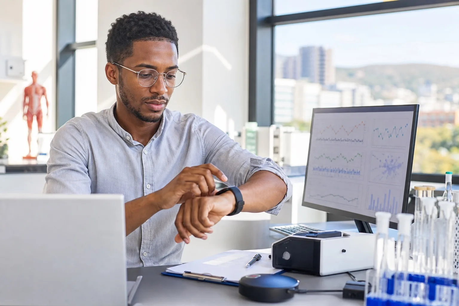 QA engineer testing a fitness wearable on wrist while reviewing sensor accuracy charts in a Pretoria lab