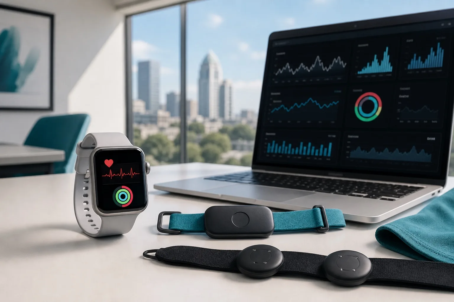Smartwatch showing heart rate and activity rings beside a laptop with wearable sensor dashboards in a Sandton studio