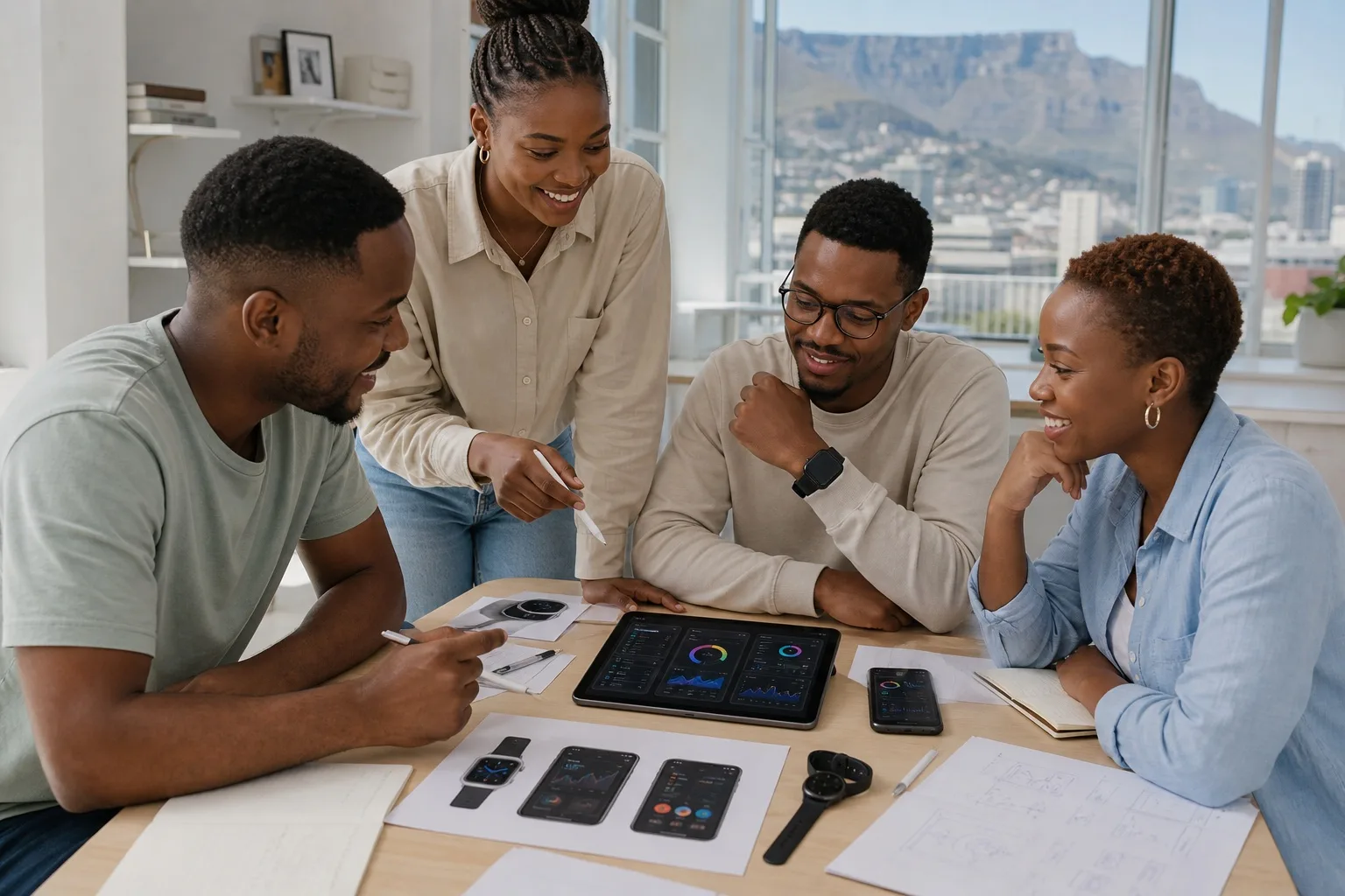 South African product team reviewing a smartwatch health app and phone companion screens in a bright Cape Town studio